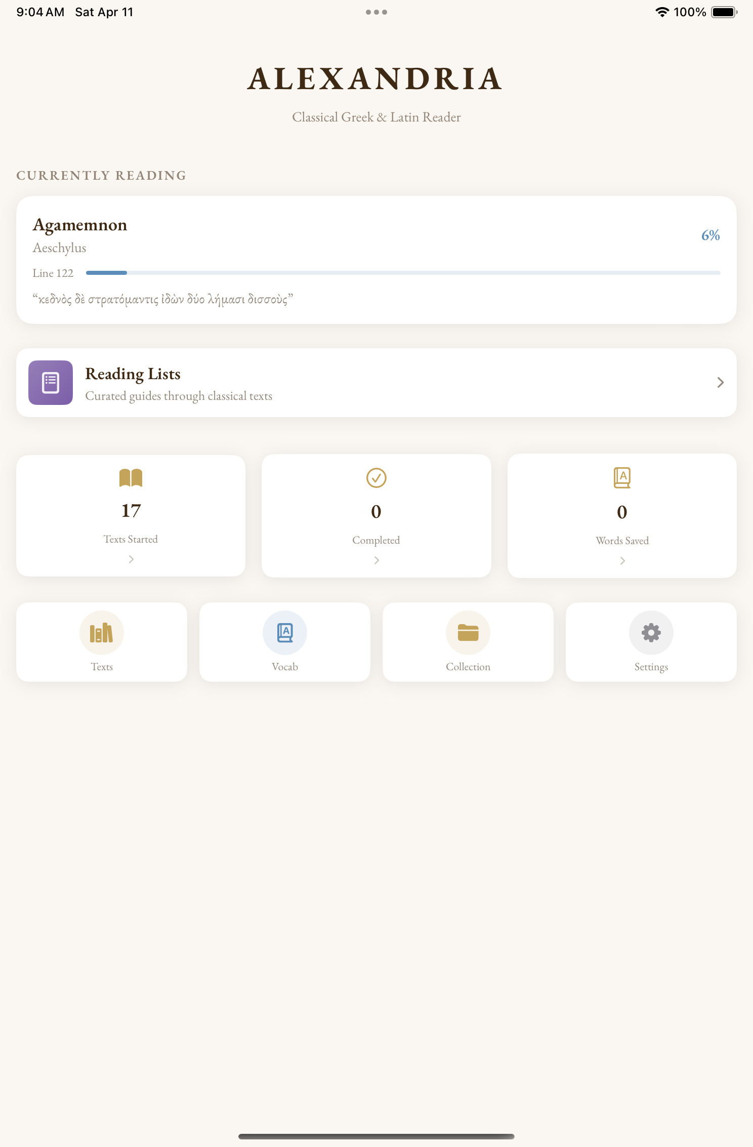 Alexandria home screen showing currently reading card, reading statistics, and navigation to library, vocabulary, and settings