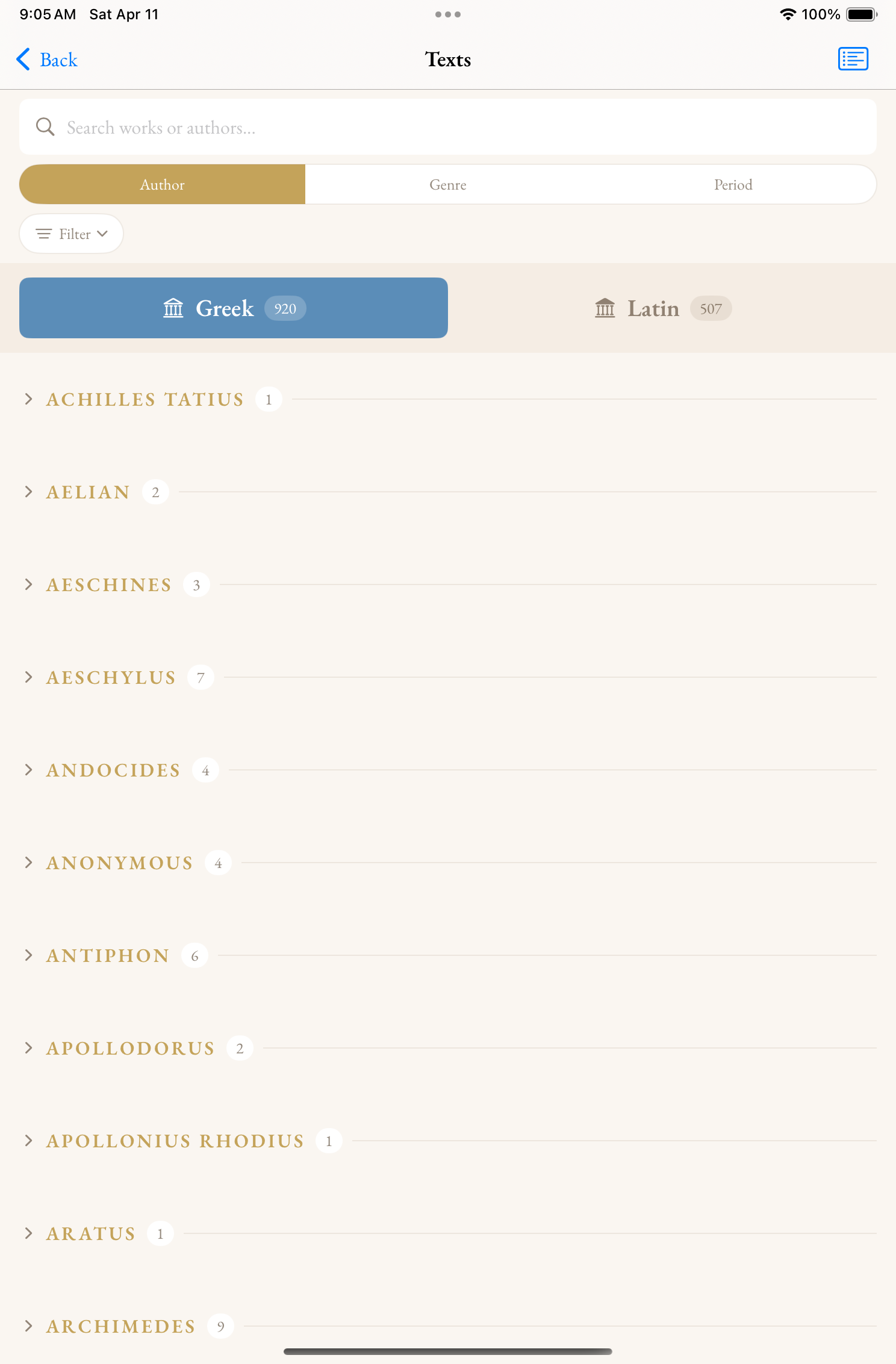 Alexandria library view showing Greek and Latin tabs, author list with work counts, and search bar